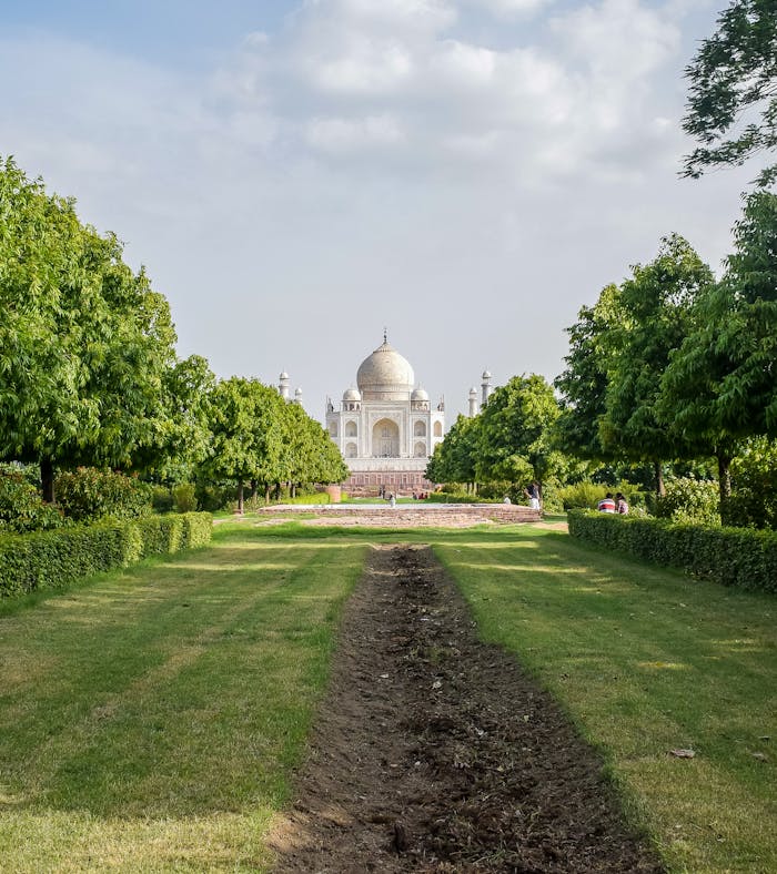 Beautiful view of the Taj Mahal framed by lush green gardens under a bright sky.